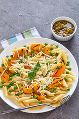 close-up of delicious grilled pumpkin and pasta