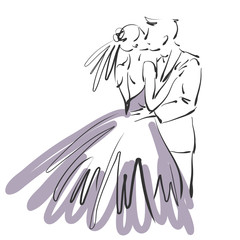 art sketched beautiful kiss young  bride and groom on white background