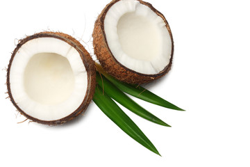 Coconut with green leaves isolated on white background. top view