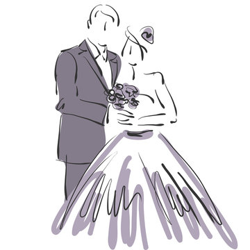 art sketched beautiful young bride and groom with the bride's bouquet on white background