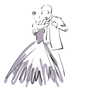 art sketched beautiful young bride and groom in dance on white background