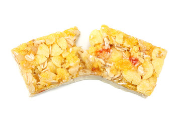 Healthy granola bar ( muesli bar or cereal bar ) isolated on white background. top view