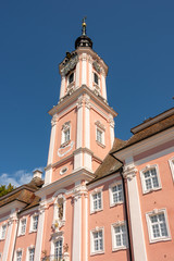 Part view of the beautiful old pilgrimage church in Birnau at Lake Constance in front of a bright blue sky in summer