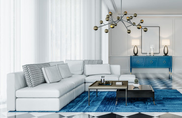 modern interior design living room with blue accents and black and white tiles