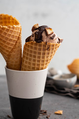 Chocolate chip ice cream with vintage feel. Copy space.