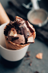 Chocolate chip ice cream with vintage feel. Copy space.