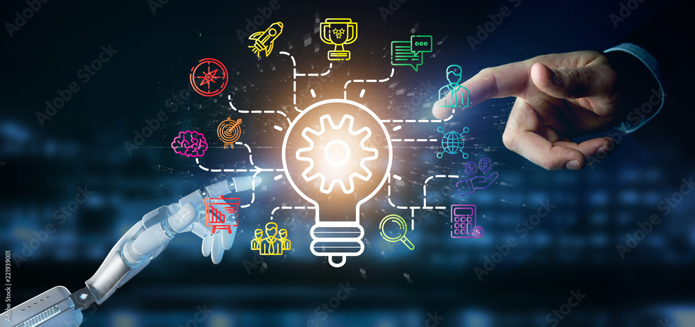 Poster cyborg hand holding a bulb lamp idea concept with start up icon connected 3d rendering
