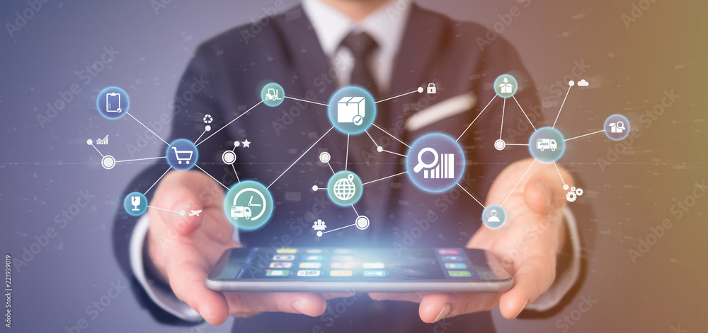 Poster businessman holding a logistic organisation with icon and connection 3d rendering