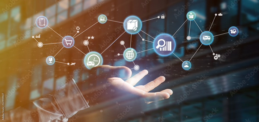 Poster businessman holding a logistic organisation with icon and connection 3d rendering