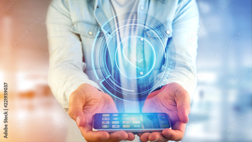 Poster businessman using a shinny technologic phone button on his smartphone - 3d render
