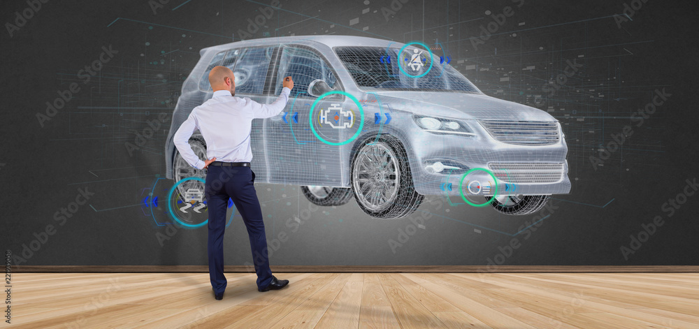 Poster man holding a smartcar concept 3d rendering