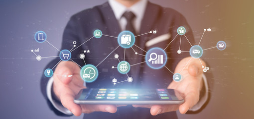 Businessman holding a Logistic organisation with icon and connection 3d rendering