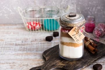 Mixture of ingredients for baking cookies for Valentine's Day