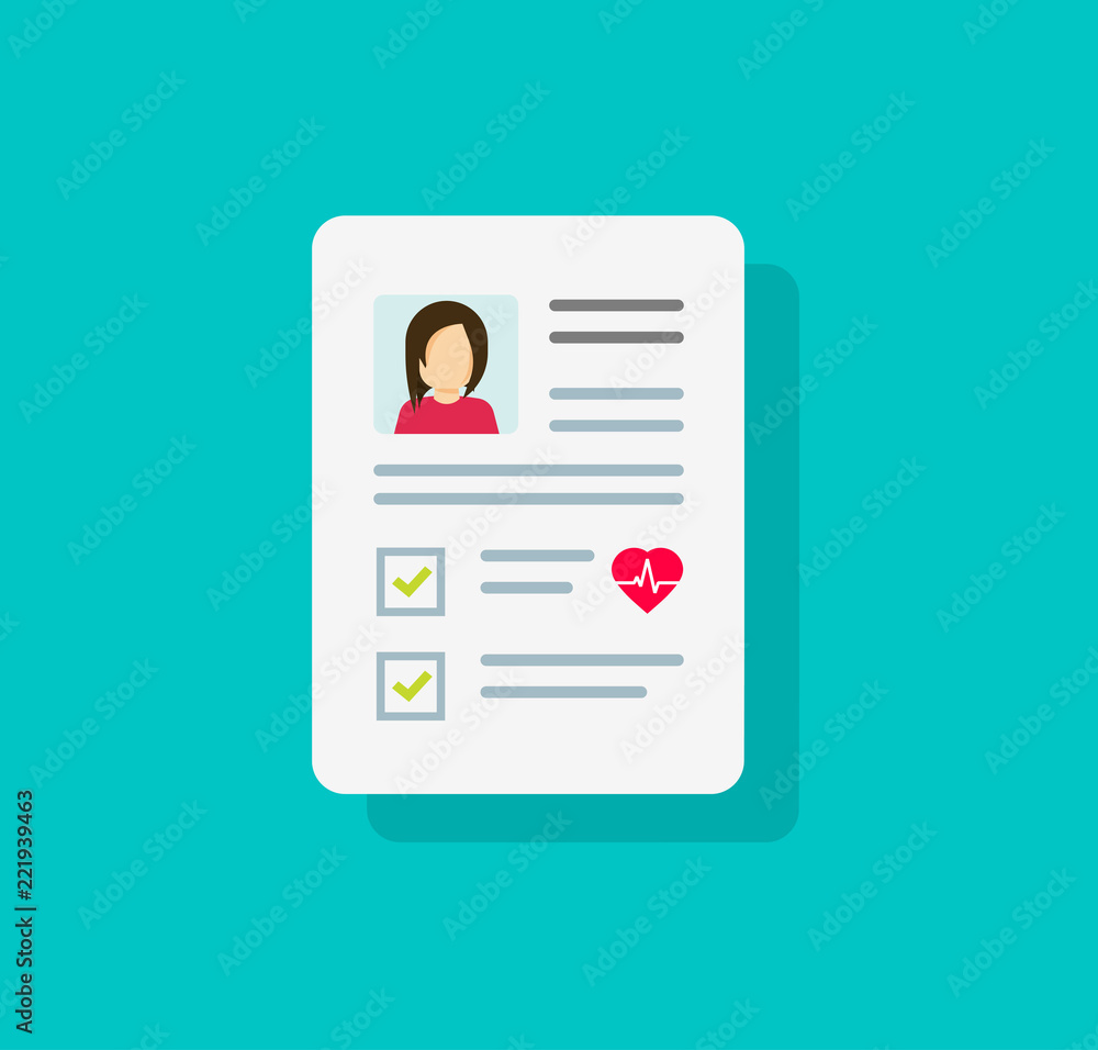 Aufkleber patient card icon or medical form list with results data and approved check mark vector symbol, flat