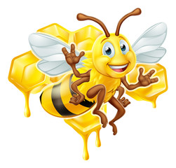 A cute  bee cartoon character mascot with his or her honeycomb and dripping honey in the background