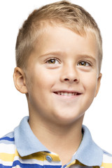 Cute little boy laughs, isolated on white background