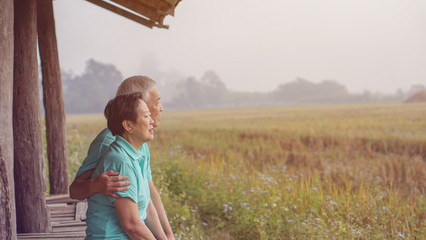 Asian elderly couple at farm rice field business happy nature lifestyle