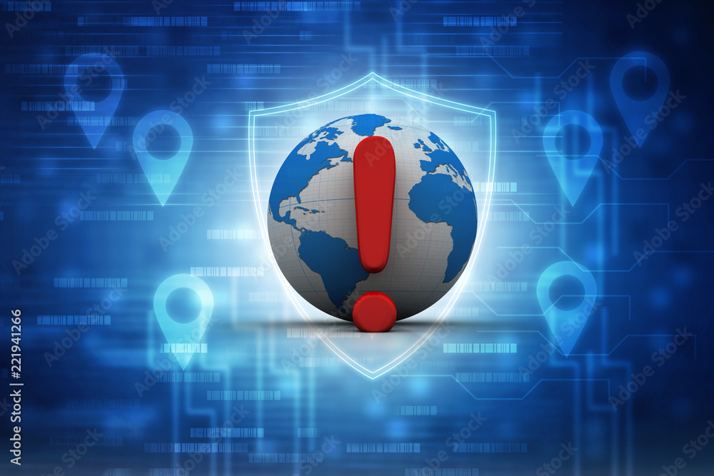 Poster 3d rendering exclamation mark and globe
