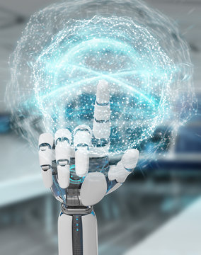 White humanoid hand using digital global network 3D rendering
