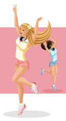 Isometrics young girls are happy, jumping, having fun, hair developing in the wind, generation Z, bright background summer clothes
