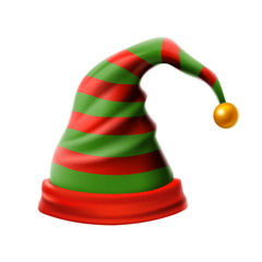 Christmas holiday hat.3D, funky red and green stripped cartoon christmas vector elf hat isolated vector, kids elf hat icon or label