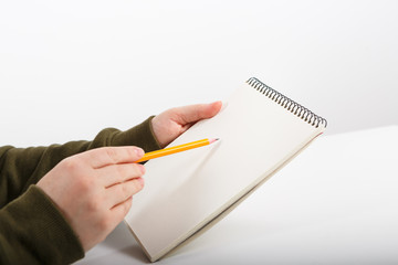 Female hands with pen writing and working on notebook