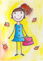 Cute little girl with school bag. Hand drawn illustration.