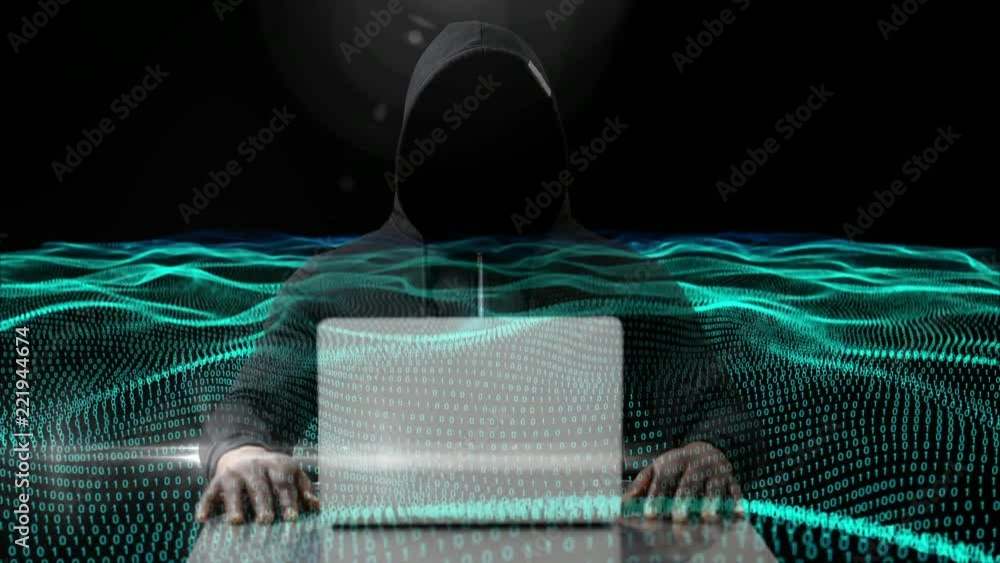 Poster digital generated video of hacker using laptop 4k
