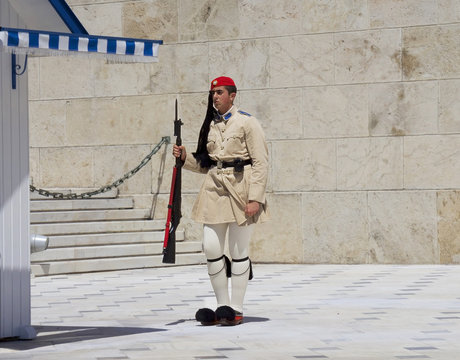 Athens, Greece, the Protection of the Greek Parliament in Athens Syntagma square. In modern Greece, the evzons are members of the Presidential guard