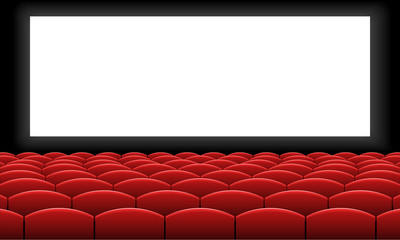 Cinema with red chairs and white screen. Rows of seats in the cinema on black background