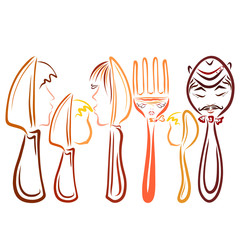 A set of cutlery with human faces, two families, knives, spoons and a fork