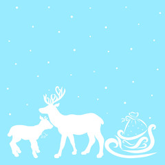 Gentle christmas blue background with snow and white silhouettes, mom and baby deer and sled with gifts