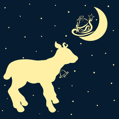 A small deer with a bell is waiting for gifts, a night background, a moon with sledges and gifts