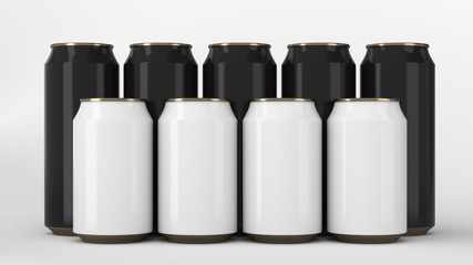  Black and white soda cans standing in two raws on white background