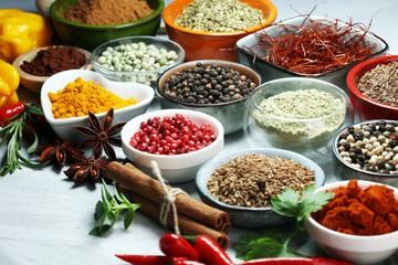Spices and herbs on table. Food and cuisine ingredients.