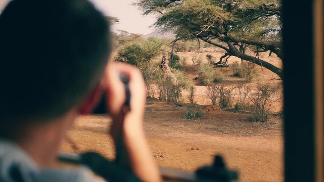 Photographer On Safari In Africa Takes Pictures Of A Wild Giraffe Out Of The Car