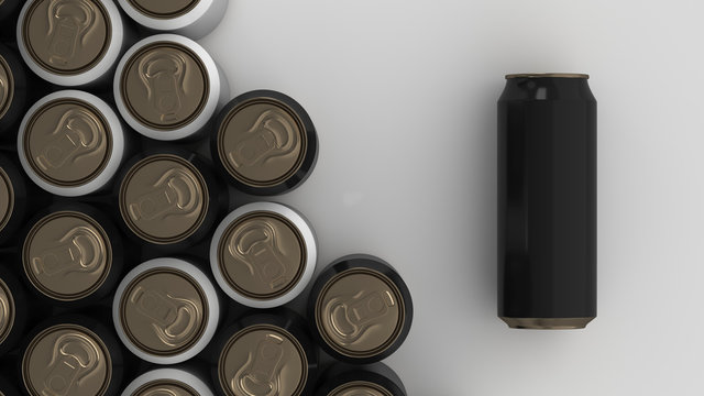 Big black and white soda cans on white background