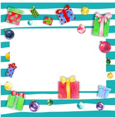 Christmas frame with gift boxes and Christmas balls on striped background.