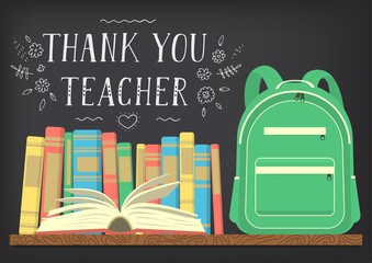 Thank You Teacher. Green school backpack on book shelf with blackboard background and lettering. Vector illustration