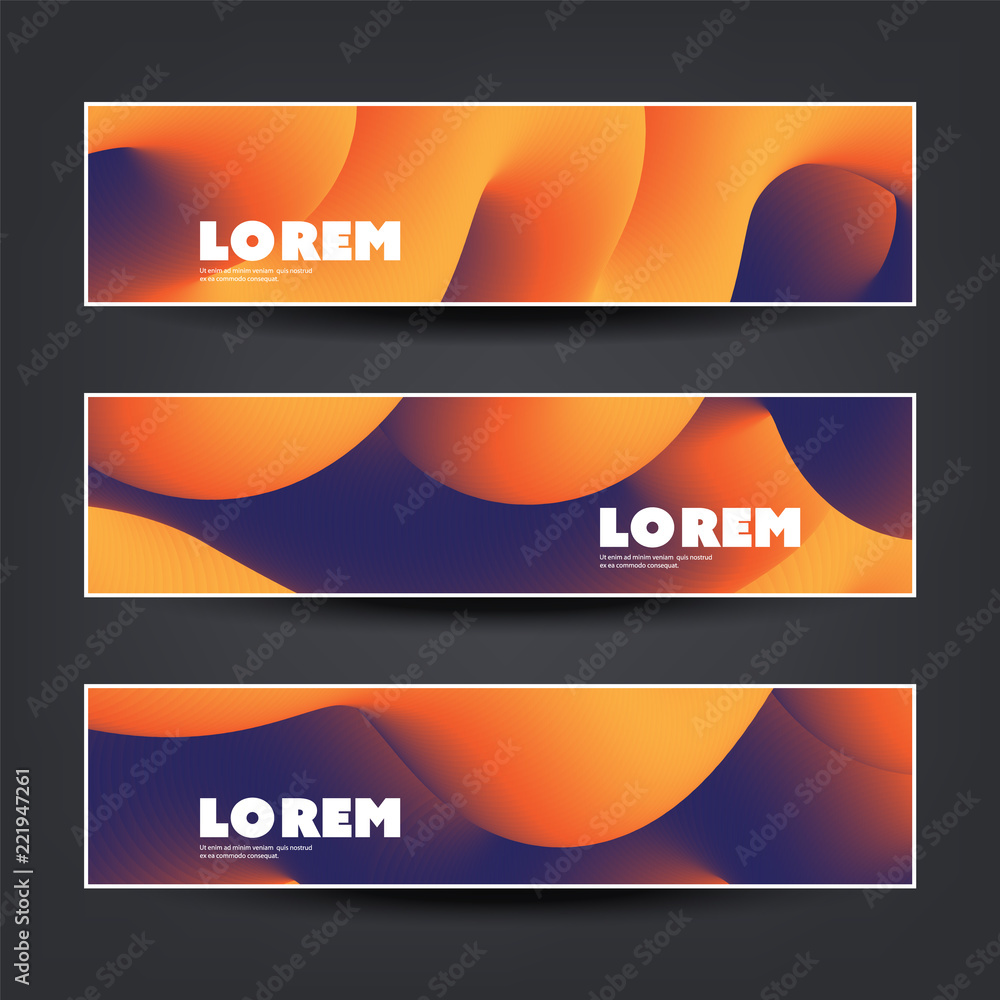 Poster Set of Horizontal Colorful Banner or Header Design for Your Business with Abstract Orange and Black 3D Curve Lines Pattern - Creative Vector Template