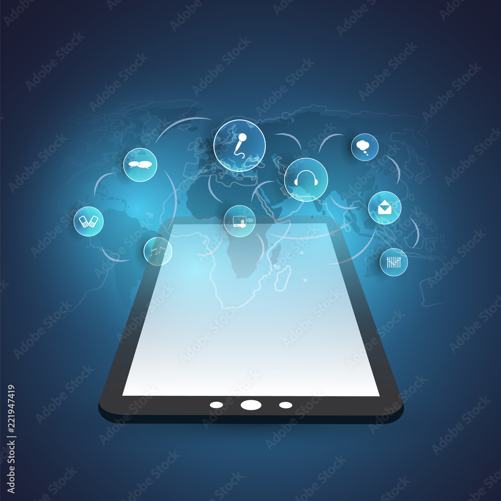 Poster digital network connections, mobile technology background - cloud computing design concept with worl