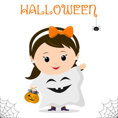 Cute child dressed in costume creepy ghost holding a pumpkin with candies, celebrating at a Halloween party, isolated on a white background.
