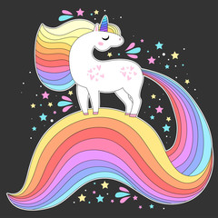 Vector unicorn head. Cute white unicorn with rainbow hair and stars © SveslaTasla