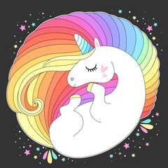 Vector unicorn head. Cute white unicorn with rainbow hair and stars