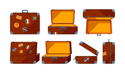 Travel case. Vector various views of travel case. Illustration of baggage and briefcase, suitcase container