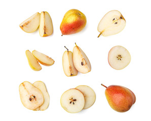 ripe red yellow pear fruits isolated on white background. Top view.