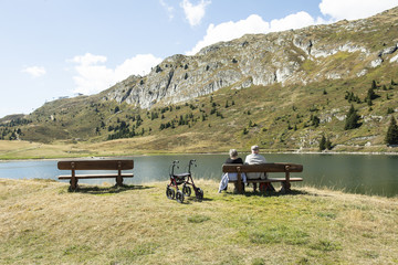 Behinderte mit Rollator am Bettmersee, Bettmeralp, Wallis, Schweiz