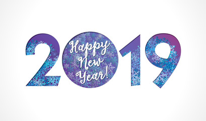 2019 xmas greetings. Snowy logotype template design, abstract isolated 3d graphic, bright blue ultraviolet coloured emblem. Seasonal sale digits with snowball. Calligraphic and calender elements.