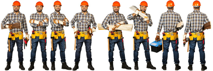 Collection of construction workers. All on white background.