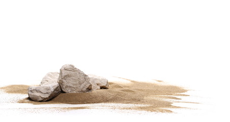 Rocks in sand pile isolated on white background and texture
